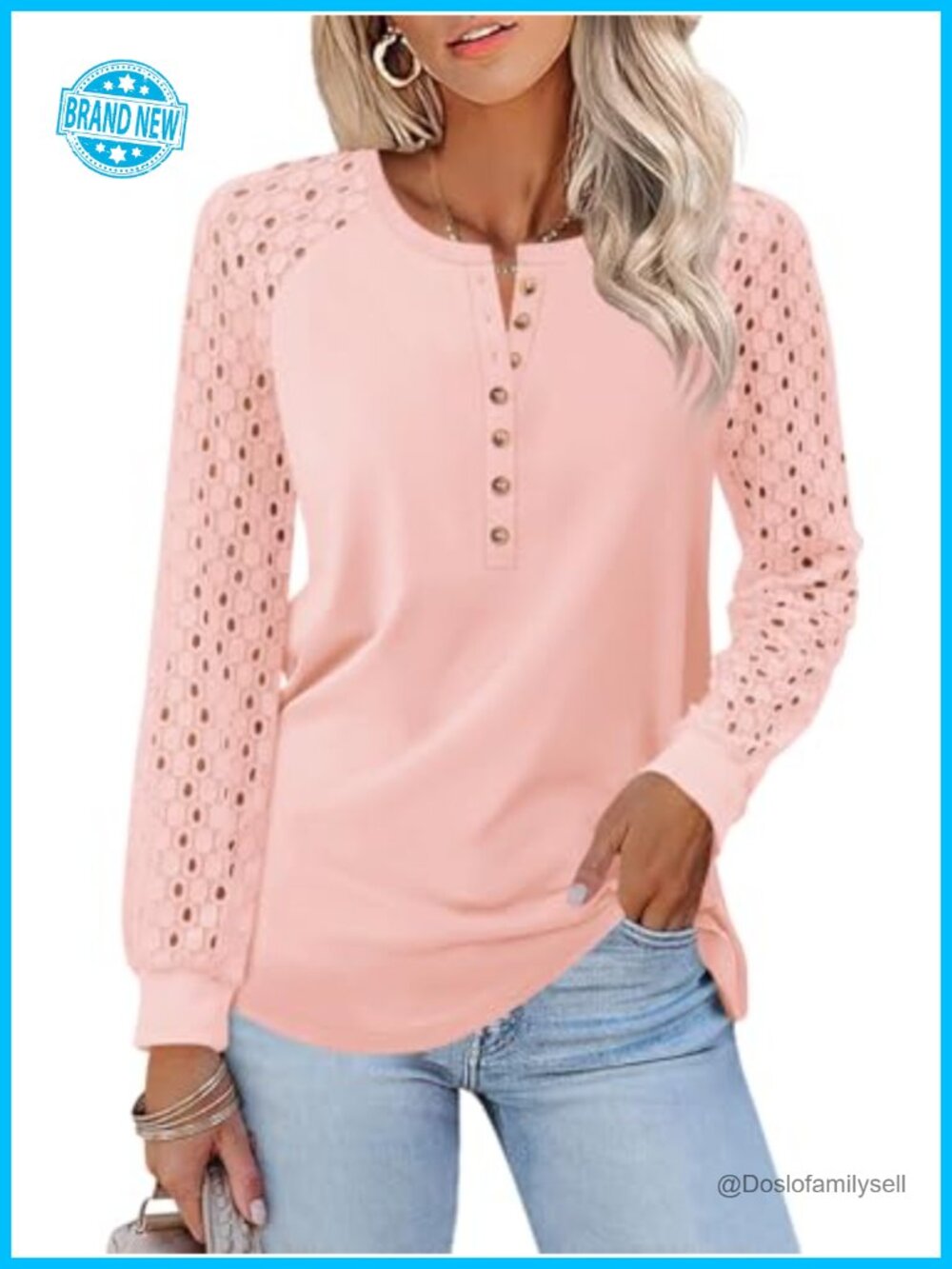 Women's Lace Long Sleeve Henley T-Shirt Button Down Casual Top